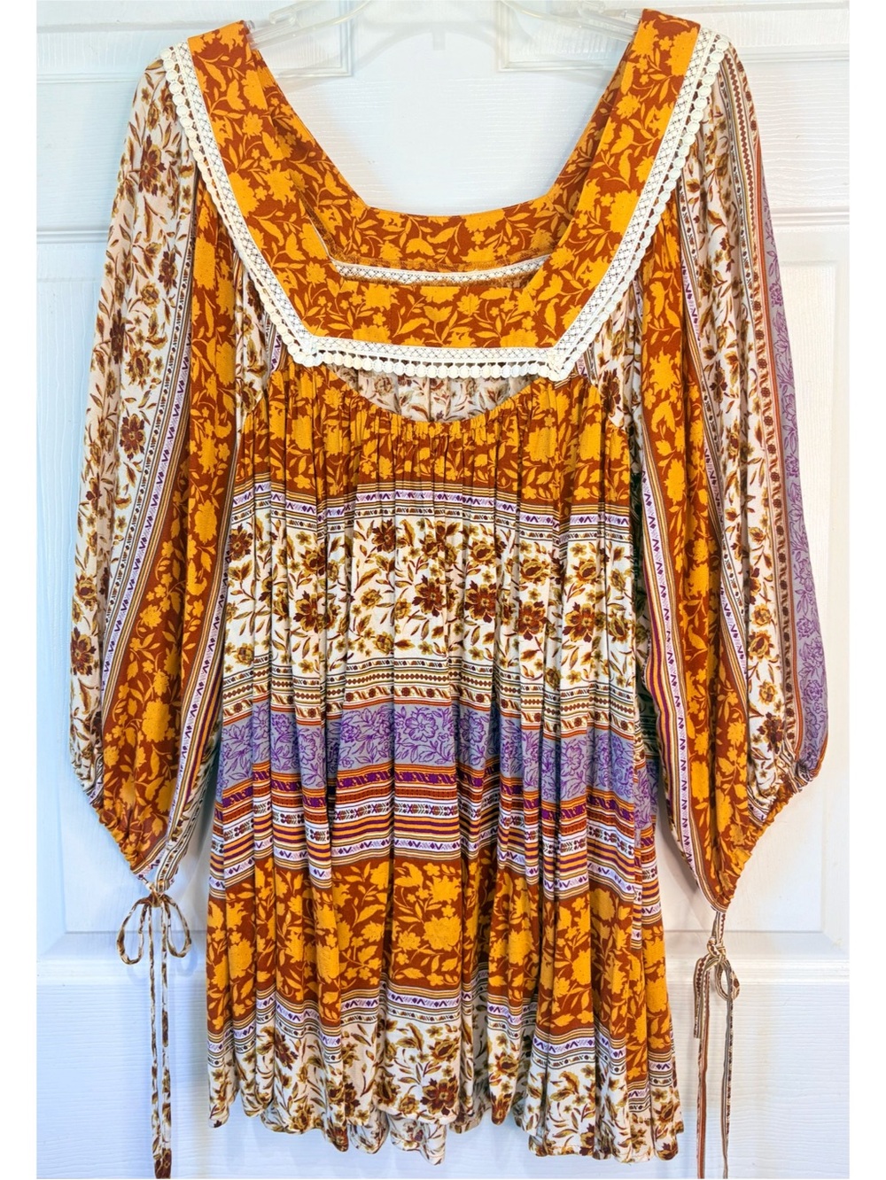 Boho Peasant Dress in Mustard Floral